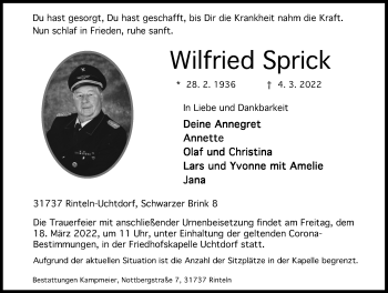 Traueranzeige von Wilfried Sprick von Schaumburger Nachrichten