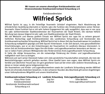 Traueranzeige von Wilfried Sprick von Schaumburger Nachrichten