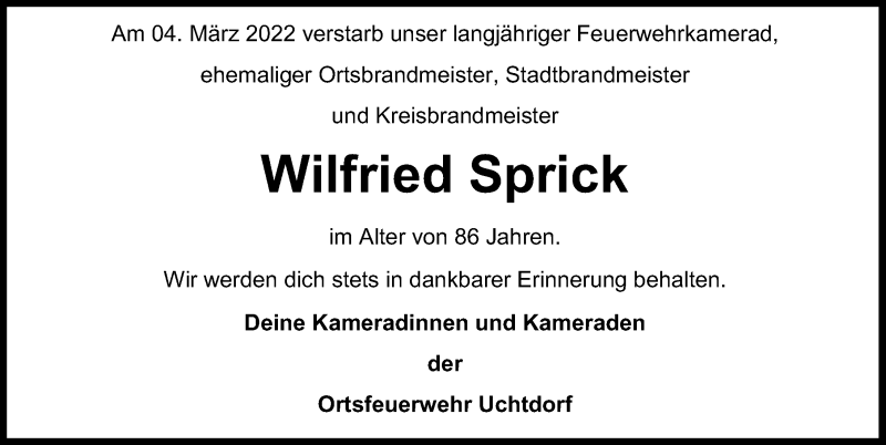  Traueranzeige für Wilfried Sprick vom 12.03.2022 aus Schaumburger Nachrichten