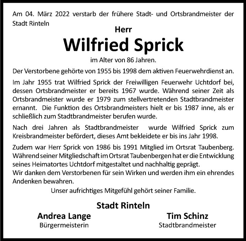  Traueranzeige für Wilfried Sprick vom 18.03.2022 aus Schaumburger Nachrichten