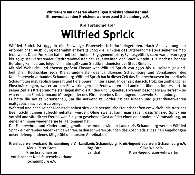  Traueranzeige für Wilfried Sprick vom 19.03.2022 aus Schaumburger Nachrichten