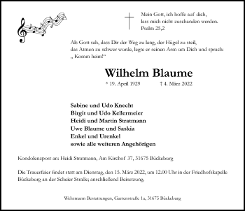 Traueranzeige von Wilhelm Blaume von Schaumburger Nachrichten
