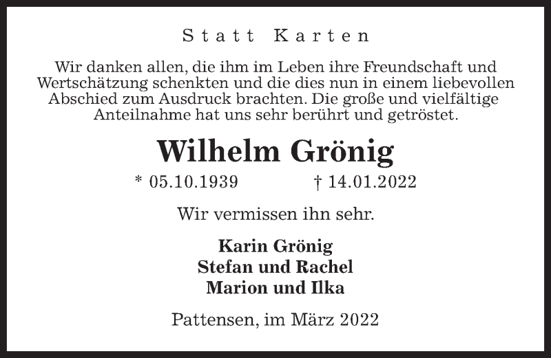  Traueranzeige für Wilhelm Grönig vom 05.03.2022 aus Hannoversche Allgemeine Zeitung/Neue Presse