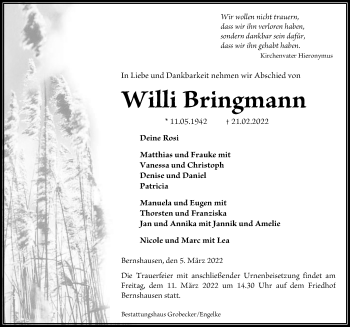 Traueranzeige von Willi Bringmann von Göttinger Tageblatt