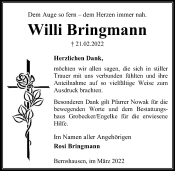 Traueranzeige von Willi Bringmann von Eichsfelder Tageblatt