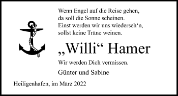 Traueranzeige von Willi Hamer von Lübecker Nachrichten