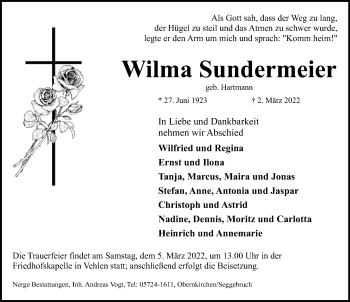 Traueranzeige von Wilma Sundermeier von Schaumburger Nachrichten