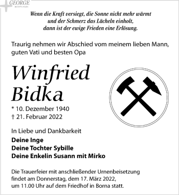 Traueranzeige von Winfried Bidka von Leipziger Volkszeitung