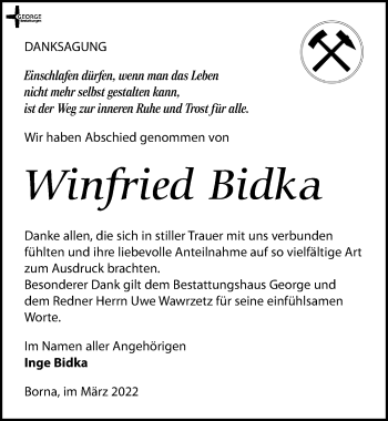 Traueranzeige von Winfried Bidka von Leipziger Volkszeitung