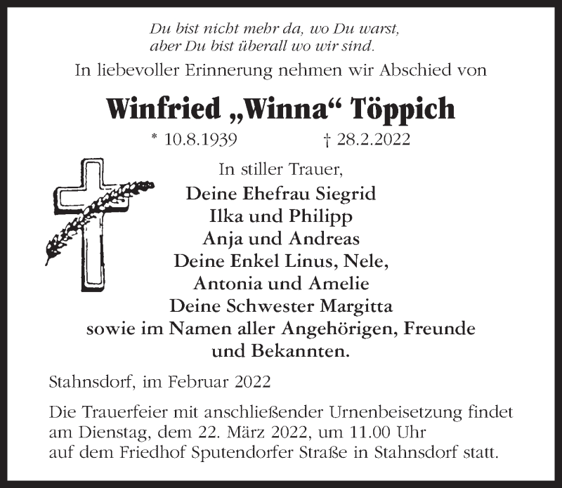  Traueranzeige für Winfried Töppich vom 12.03.2022 aus Märkischen Allgemeine Zeitung