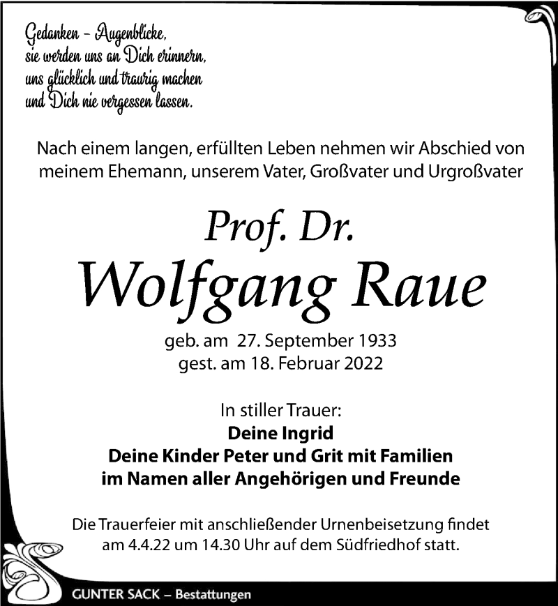  Traueranzeige für Wolfgang Raue vom 05.03.2022 aus Leipziger Volkszeitung