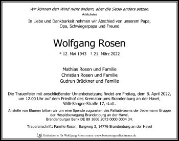 Traueranzeige von Wolfgang Rosen von Märkischen Allgemeine Zeitung