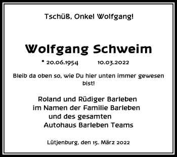Traueranzeige von Wolfgang Schweim von Kieler Nachrichten