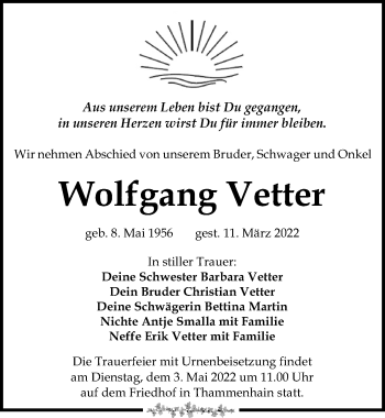 Traueranzeige von Wolfgang Vetter von Leipziger Volkszeitung