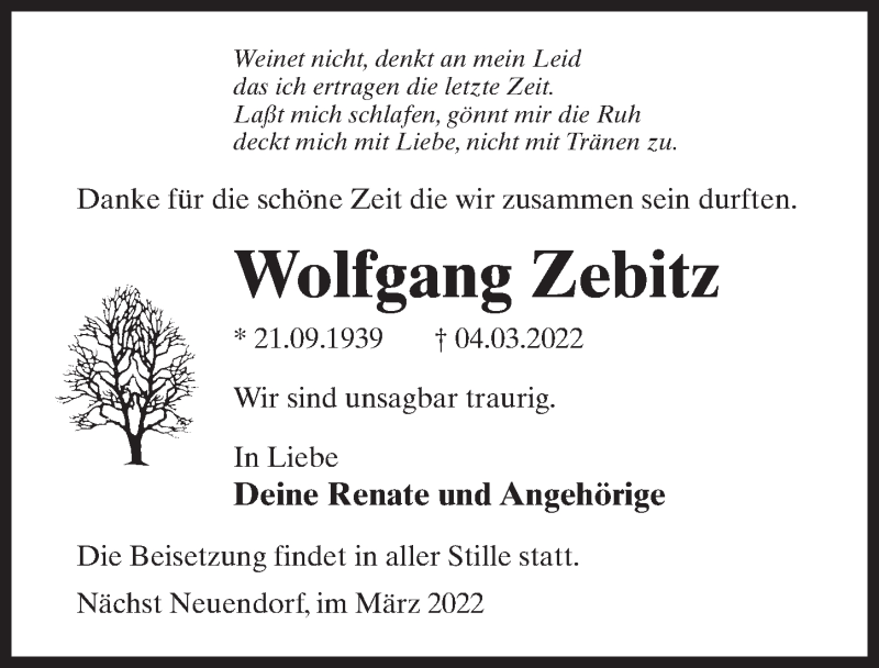  Traueranzeige für Wolfgang Zebitz vom 12.03.2022 aus Märkischen Allgemeine Zeitung