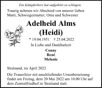 Traueranzeige von Adelheid Alms von Ostsee-Zeitung GmbH