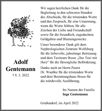 Traueranzeige von Adolf Gentemann von Aller Zeitung