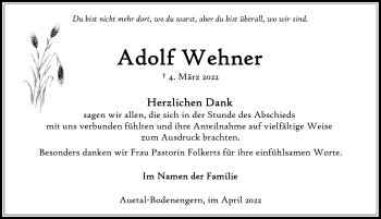 Traueranzeige von Adolf Wehner von Schaumburger Nachrichten