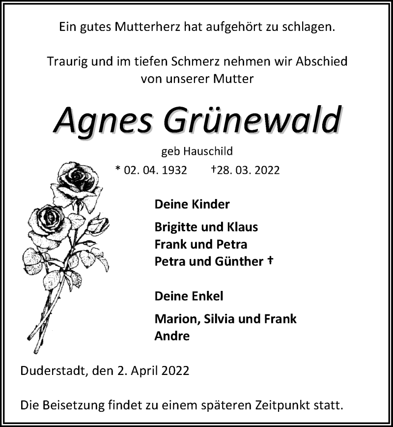  Traueranzeige für Agnes Grünewald vom 02.04.2022 aus Eichsfelder Tageblatt