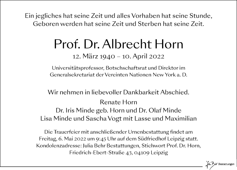  Traueranzeige für Albrecht Horn vom 23.04.2022 aus Leipziger Volkszeitung