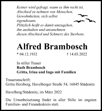 Traueranzeige von Alfred Brambosch von Märkischen Allgemeine Zeitung