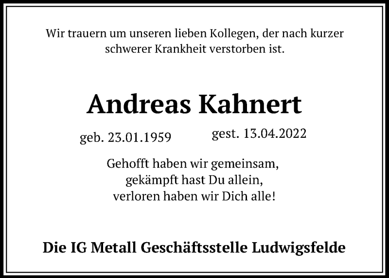  Traueranzeige für Andreas Kahnert vom 23.04.2022 aus Märkischen Allgemeine Zeitung