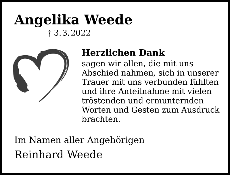  Traueranzeige für Angelika Weede vom 02.04.2022 aus Göttinger Tageblatt