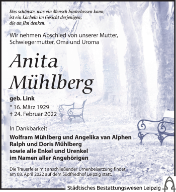 Traueranzeige von Anita Mühlberg von Leipziger Volkszeitung