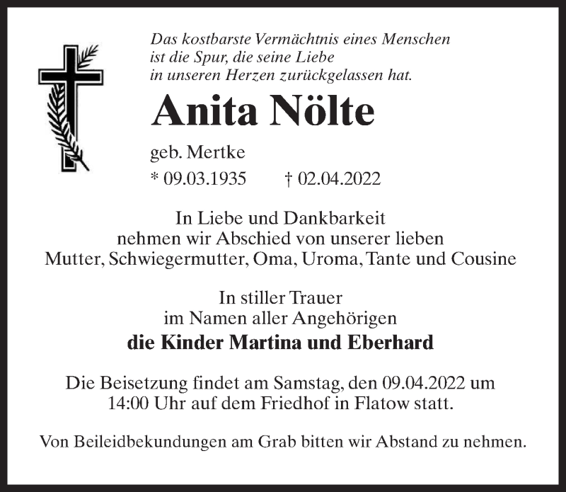  Traueranzeige für Anita Nölte vom 05.04.2022 aus Märkischen Allgemeine Zeitung