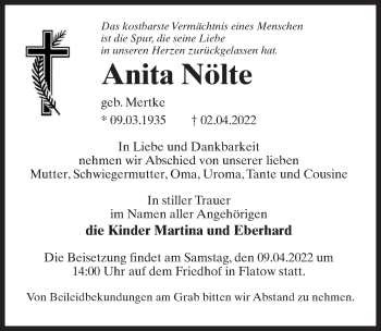 Traueranzeige von Anita Nölte von Märkischen Allgemeine Zeitung