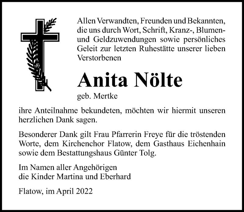  Traueranzeige für Anita Nölte vom 16.04.2022 aus Märkischen Allgemeine Zeitung
