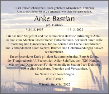 Traueranzeige von Anke Bastian von Ostsee-Zeitung GmbH
