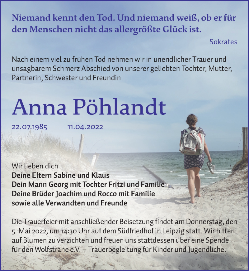  Traueranzeige für Anna Pöhlandt vom 23.04.2022 aus Leipziger Volkszeitung