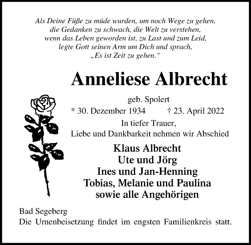  Traueranzeige für Anneliese Albrecht vom 30.04.2022 aus Lübecker Nachrichten