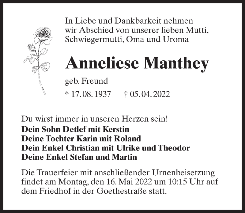  Traueranzeige für Anneliese Manthey vom 23.04.2022 aus Märkischen Allgemeine Zeitung