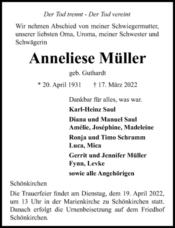 Traueranzeige von Anneliese Müller von Kieler Nachrichten