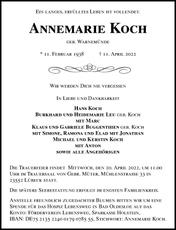 Traueranzeige von Annemarie Koch von Lübecker Nachrichten