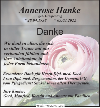 Traueranzeige von Annerose Hanke von Leipziger Volkszeitung