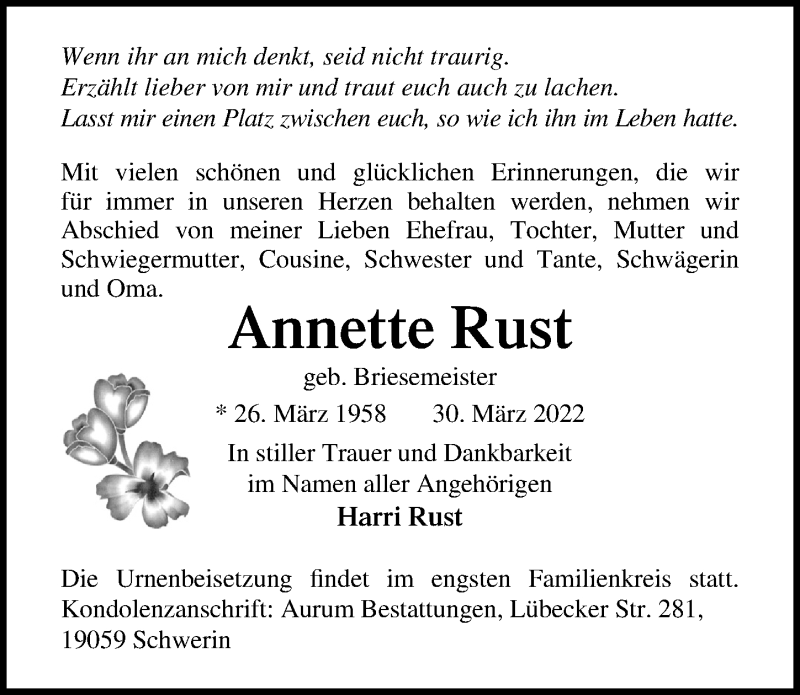 Traueranzeigen Von Annette Rust Trauer Anzeigende