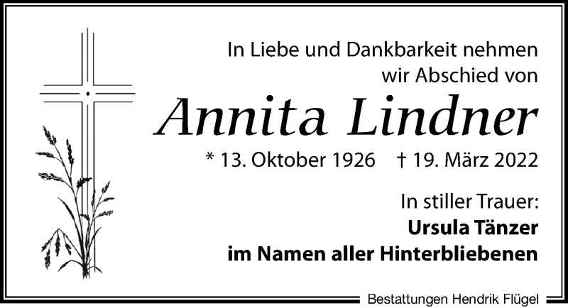  Traueranzeige für Annita Lindner vom 02.04.2022 aus Leipziger Volkszeitung