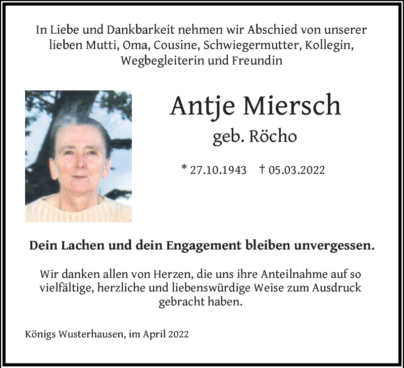  Traueranzeige für Antje Miersch vom 30.04.2022 aus Märkischen Allgemeine Zeitung