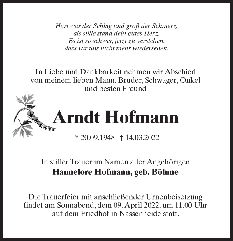  Traueranzeige für Arndt Hofmann vom 02.04.2022 aus Märkischen Allgemeine Zeitung