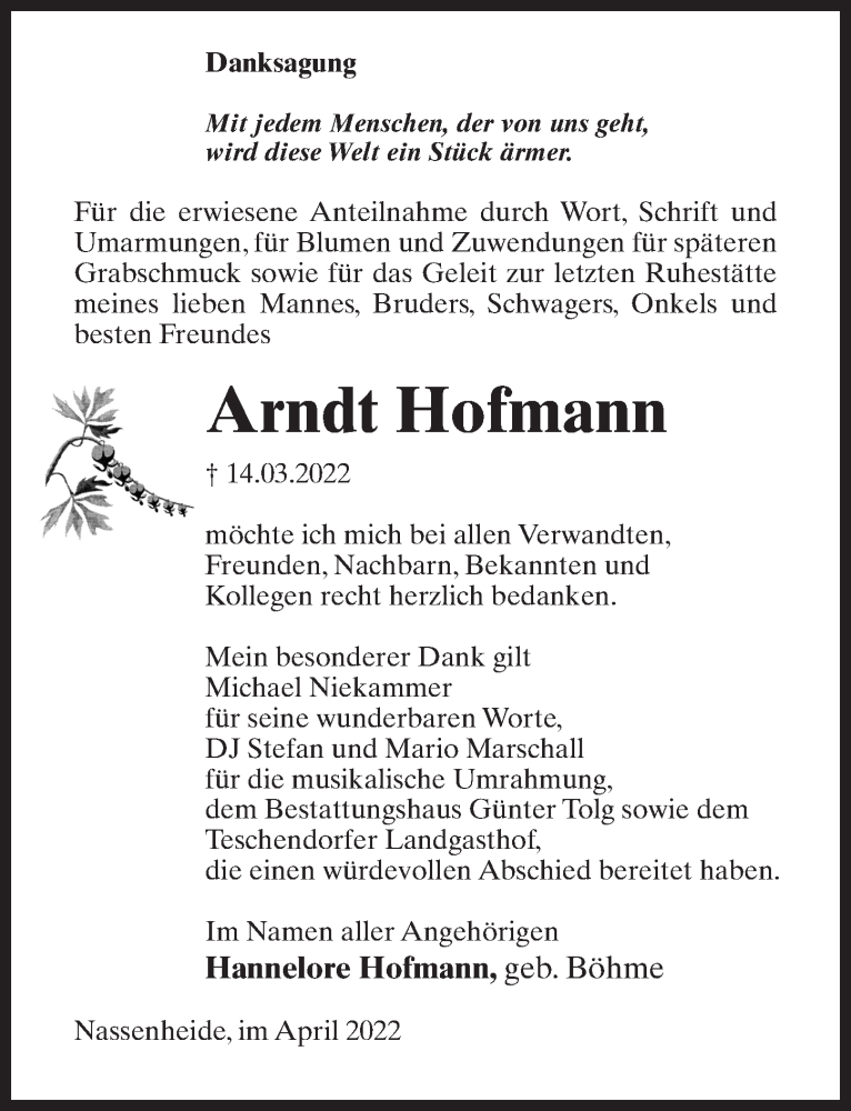  Traueranzeige für Arndt Hofmann vom 23.04.2022 aus Märkischen Allgemeine Zeitung