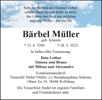 Traueranzeige von Bärbel Müller von Aller Zeitung