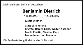 Traueranzeige von Benjamin Dietrich von Hannoversche Allgemeine Zeitung/Neue Presse