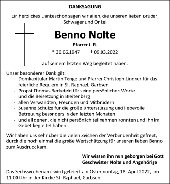 Traueranzeige von Benno Nolte von Hannoversche Allgemeine Zeitung/Neue Presse