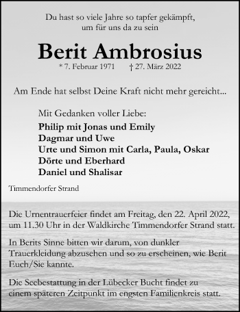 Traueranzeige von Berit Ambrosius von Lübecker Nachrichten