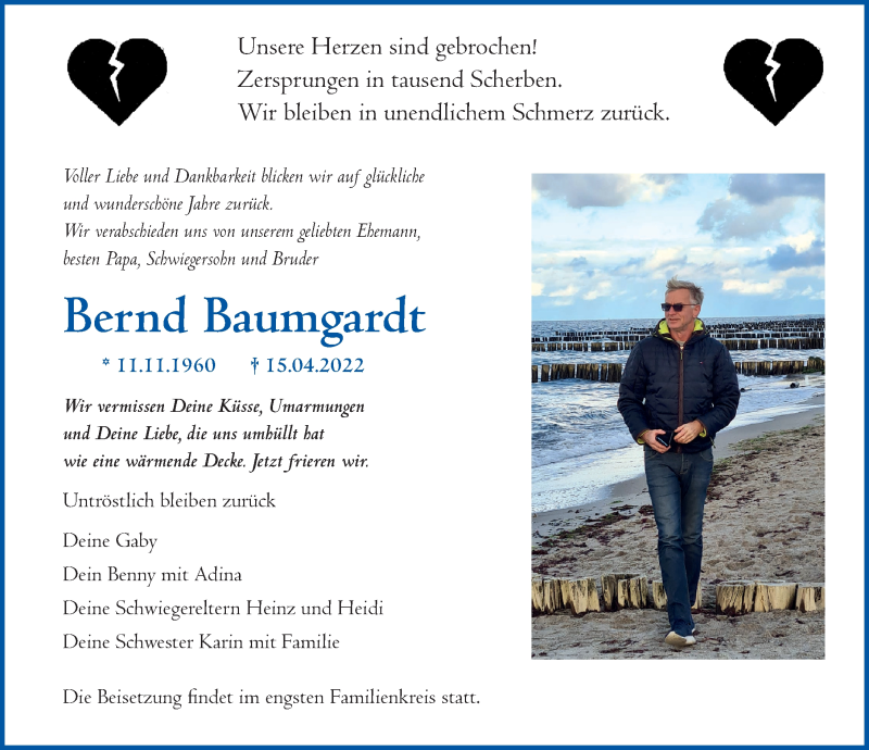  Traueranzeige für Bernd Baumgardt vom 30.04.2022 aus Ostsee-Zeitung GmbH