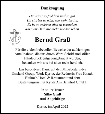 Traueranzeige von Bernd Graß von Märkischen Allgemeine Zeitung