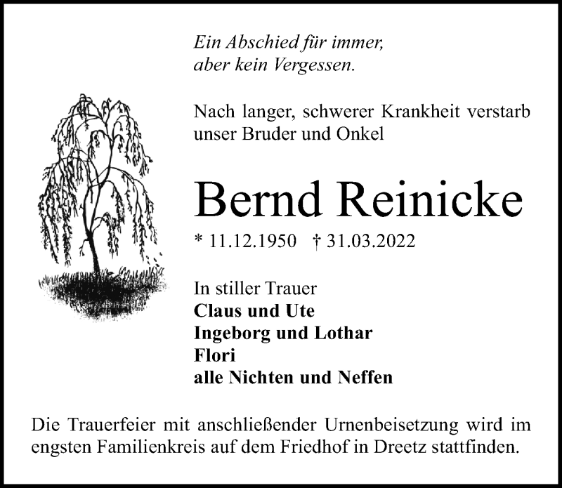  Traueranzeige für Bernd Reinicke vom 09.04.2022 aus Märkischen Allgemeine Zeitung